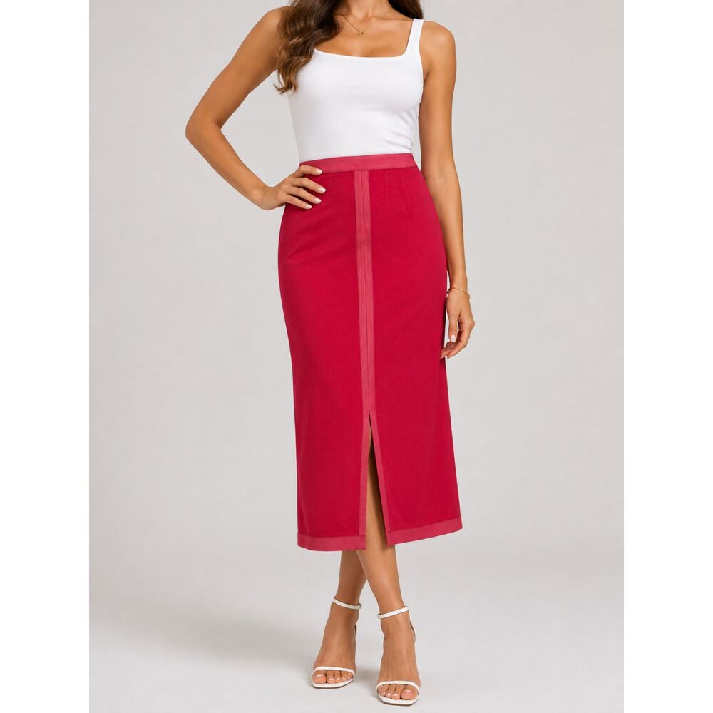 Vintage 90s Y2K Jantzen Pencil Skirt Size 12 Raspberry Red Midi Front Slit